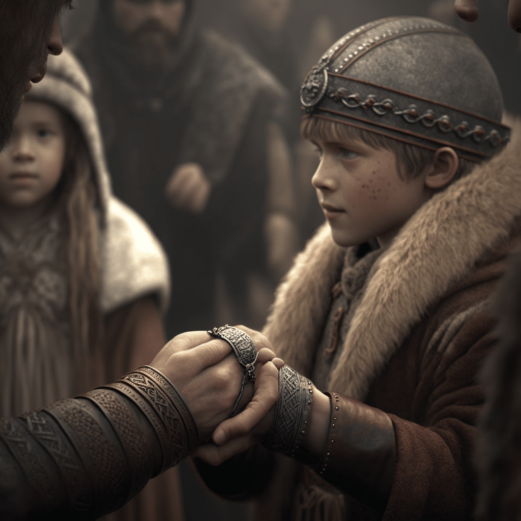 A young viking male receives his viking oath ring, or arm bracelet from the chieftain. 