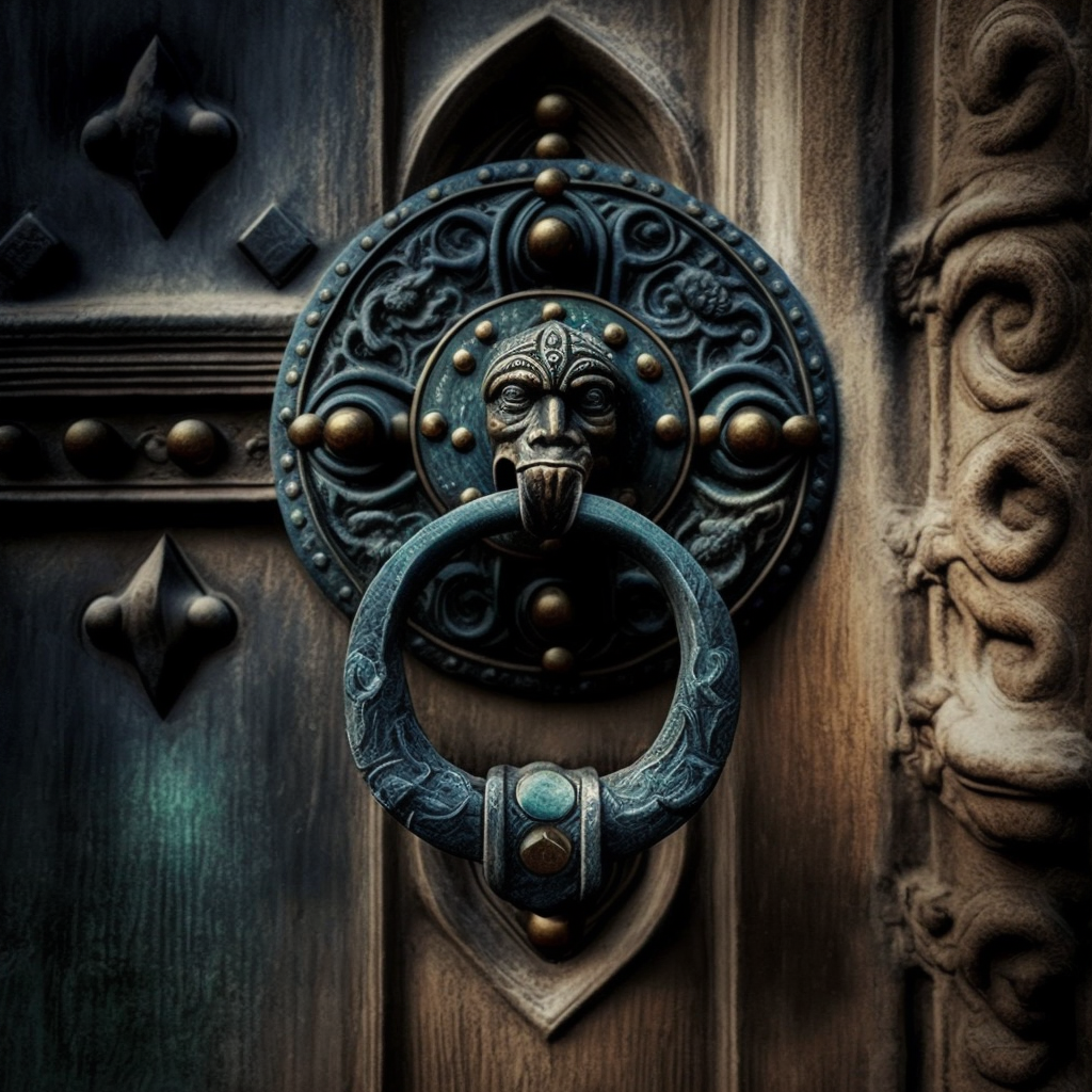 A medieval church door with a ring knocker. 